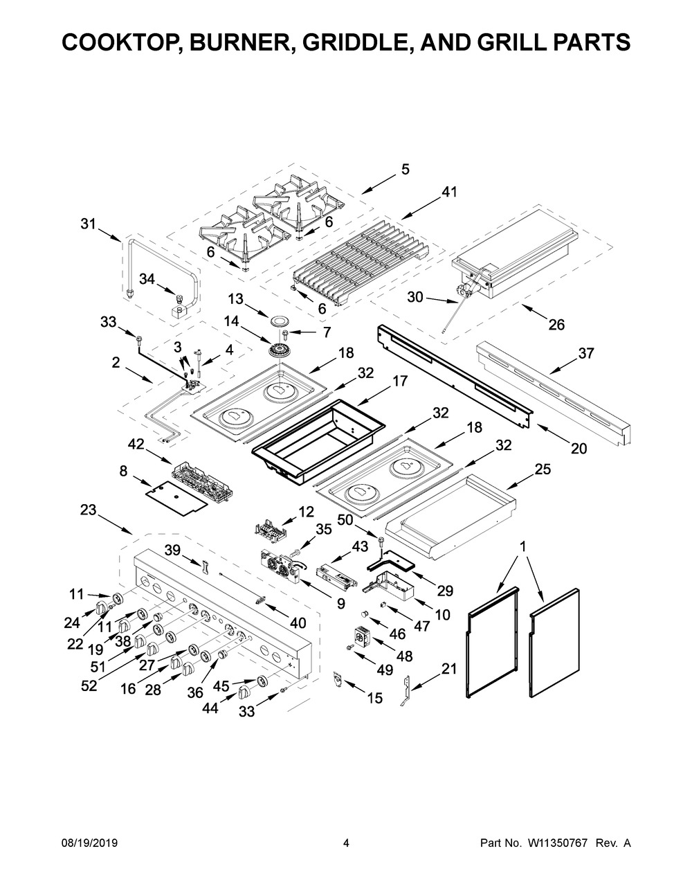 Cooktop, Burner, Griddle, And Grill Parts Diagram and Parts List for JGRP748HL00  Maytag Range
