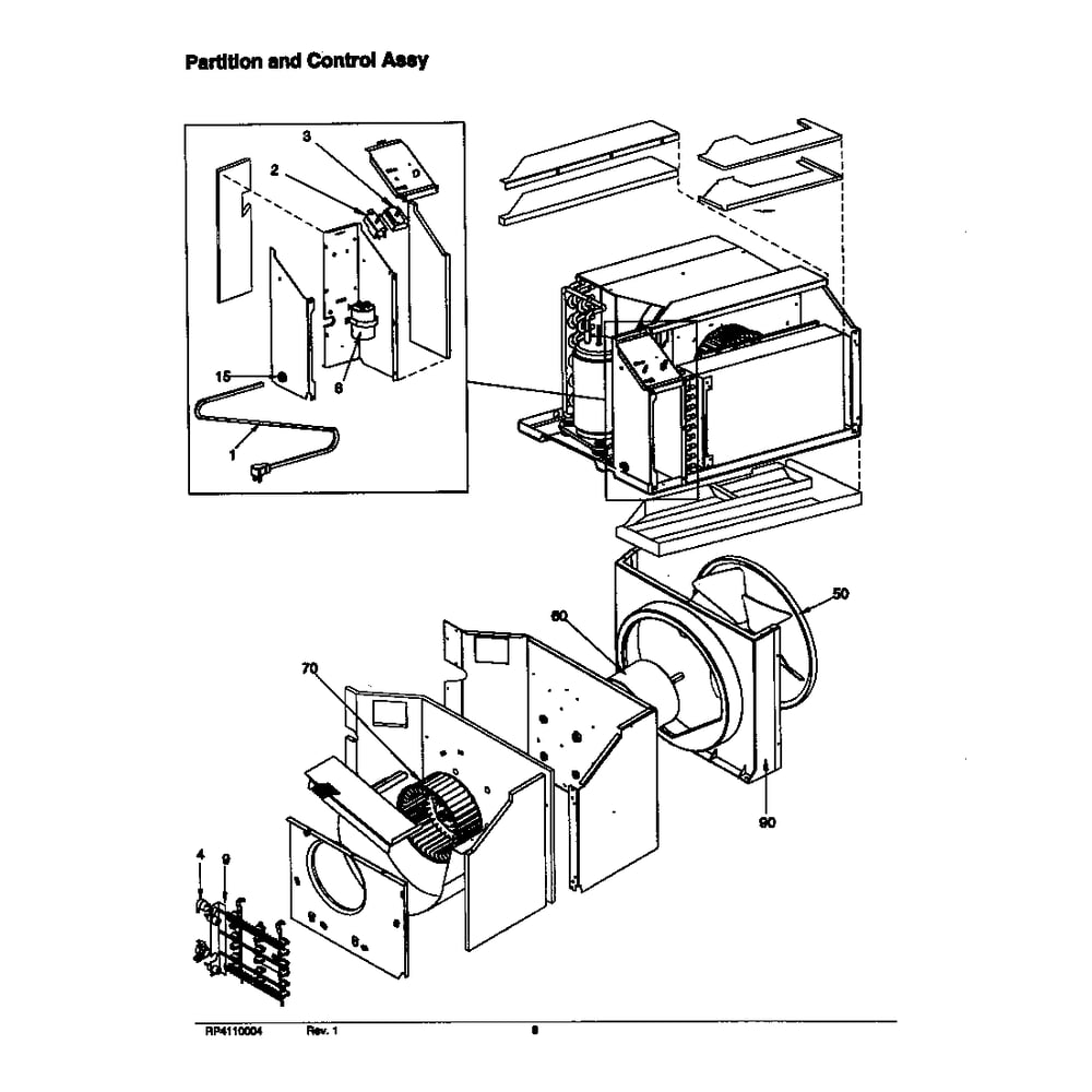 Partition And Control Assy Diagram and Parts List for TE11085W2A P Amana Air Conditioner