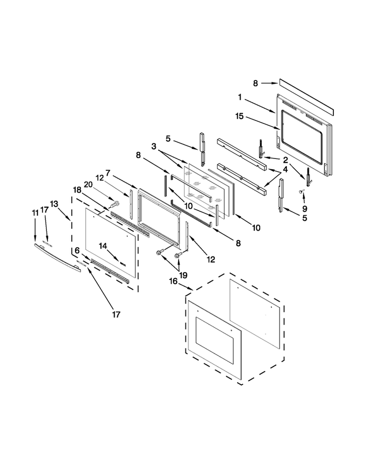 Oven Door Parts Diagram and Parts List for JJW2430WP02  Jenn-Air Wall Oven