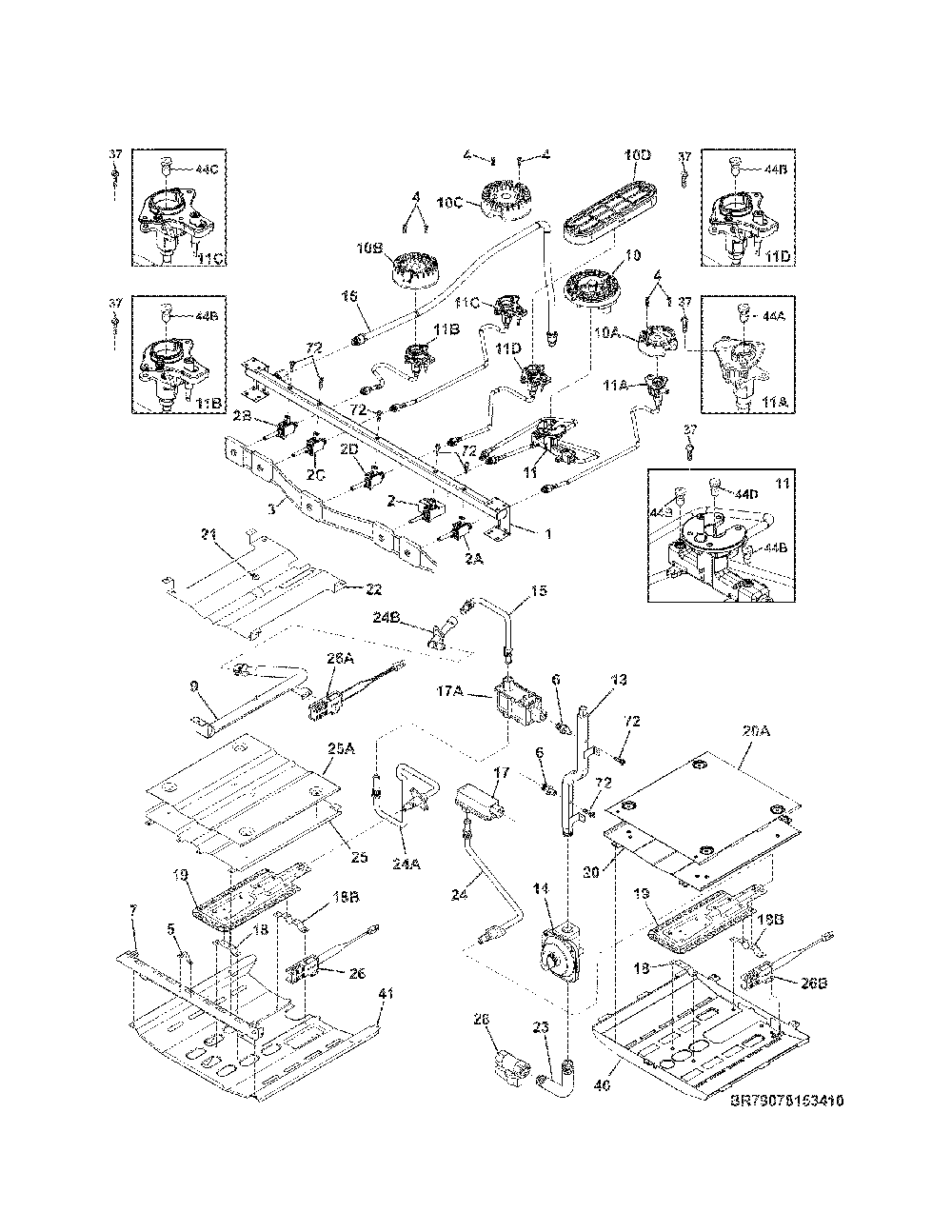 Burner Diagram and Parts List for 79075422410  Kenmore Range