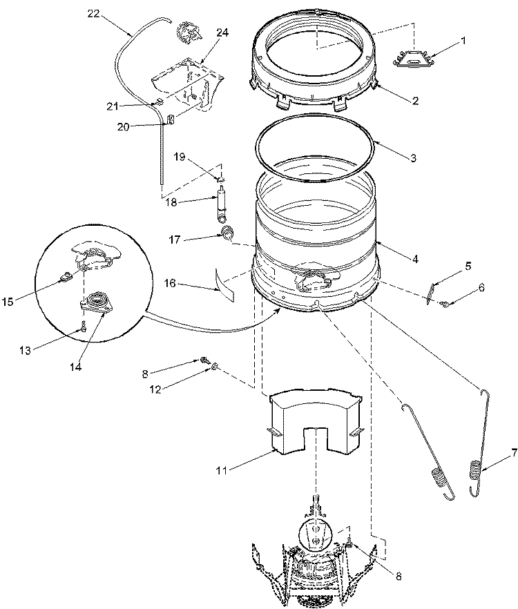 OUTER TUB, COVER, PRESSURE TUBE Diagram and Parts List for LWX50AW PLWX50AW Amana Washer