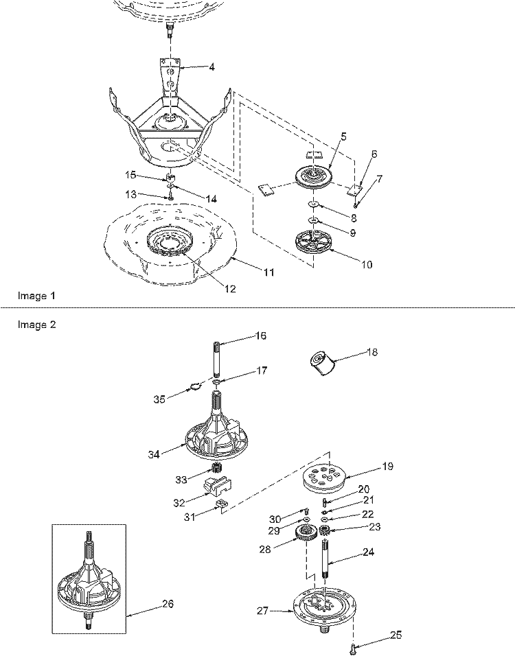 WELDMENT / BEARING & TRANSMISSION ASSY Diagram and Parts List for LWX50AW PLWX50AW Amana Washer