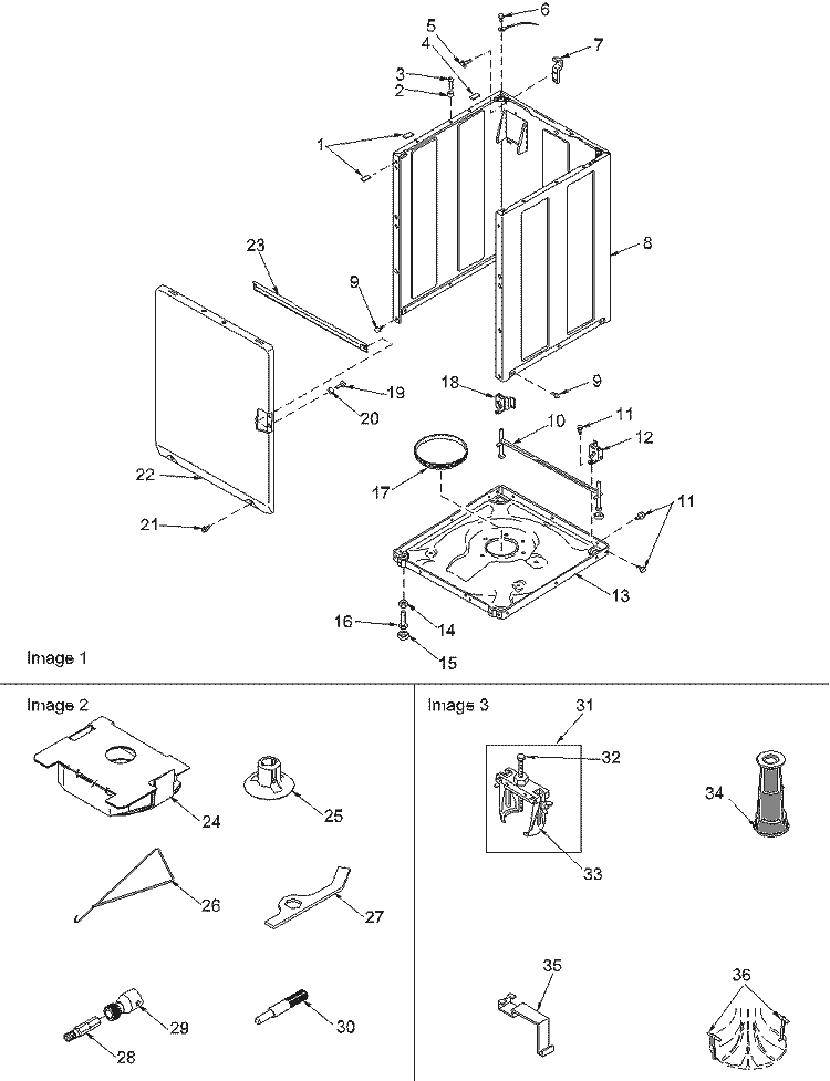 FRONT PANEL, BASE, CABINET & TOOLS Diagram and Parts List for LWX50AW PLWX50AW Amana Washer