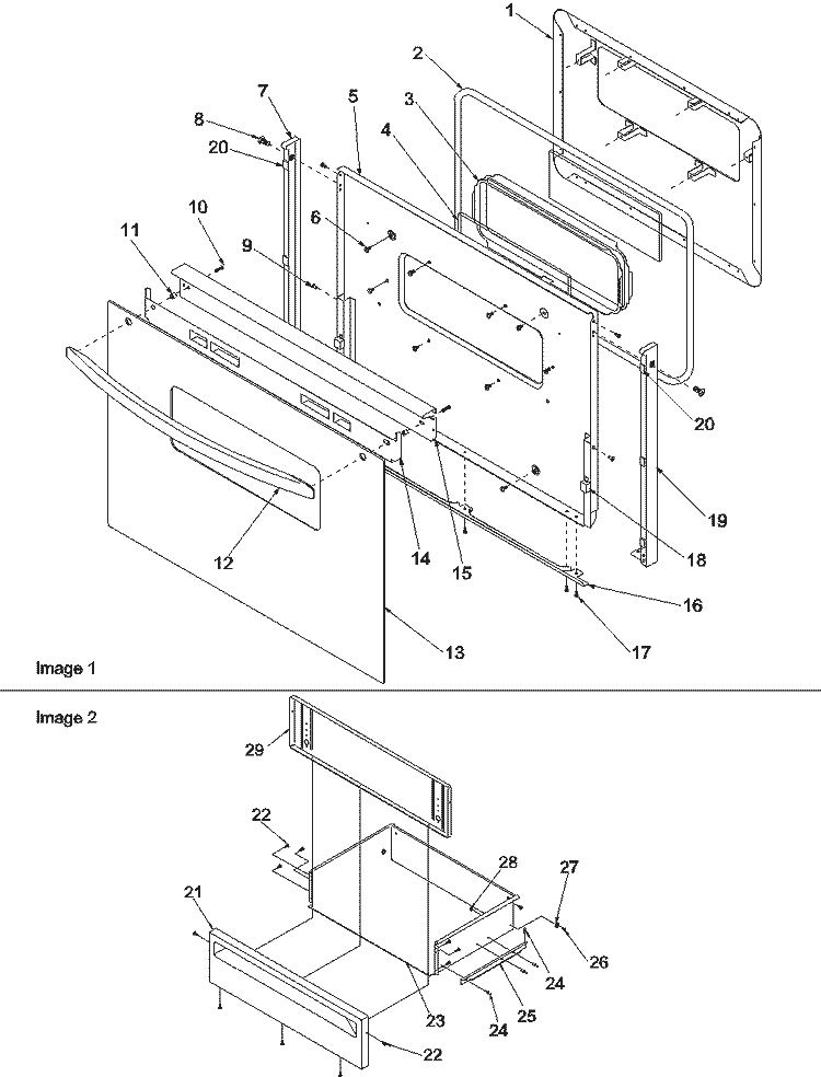 Oven Door and Storage Drawer Diagram and Parts List for ARTC7003L P1143636N L Amana Range