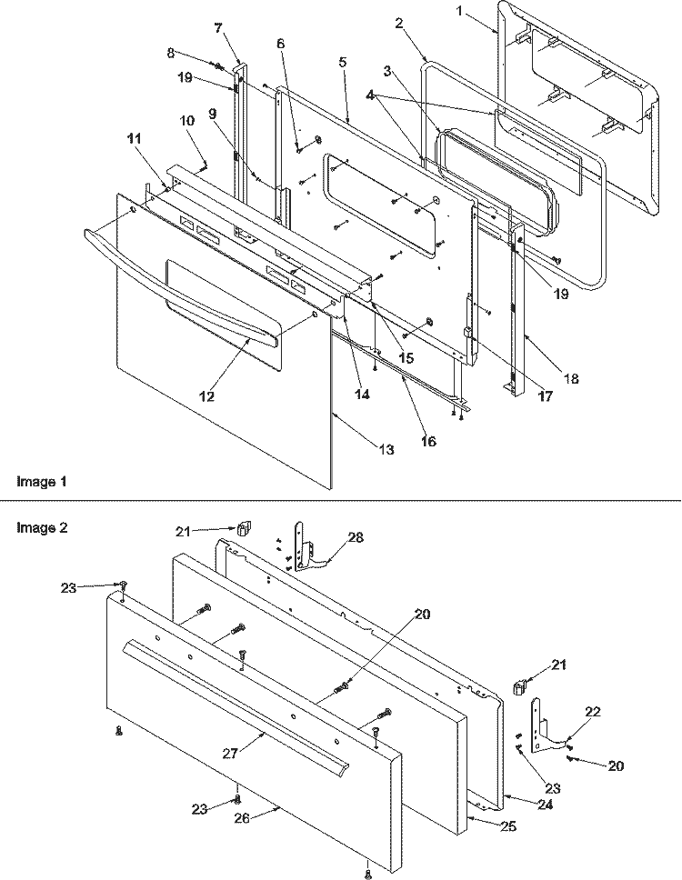 Oven Door and Broiler Door Diagram and Parts List for ARG3600WW P1143372NWW Amana Range