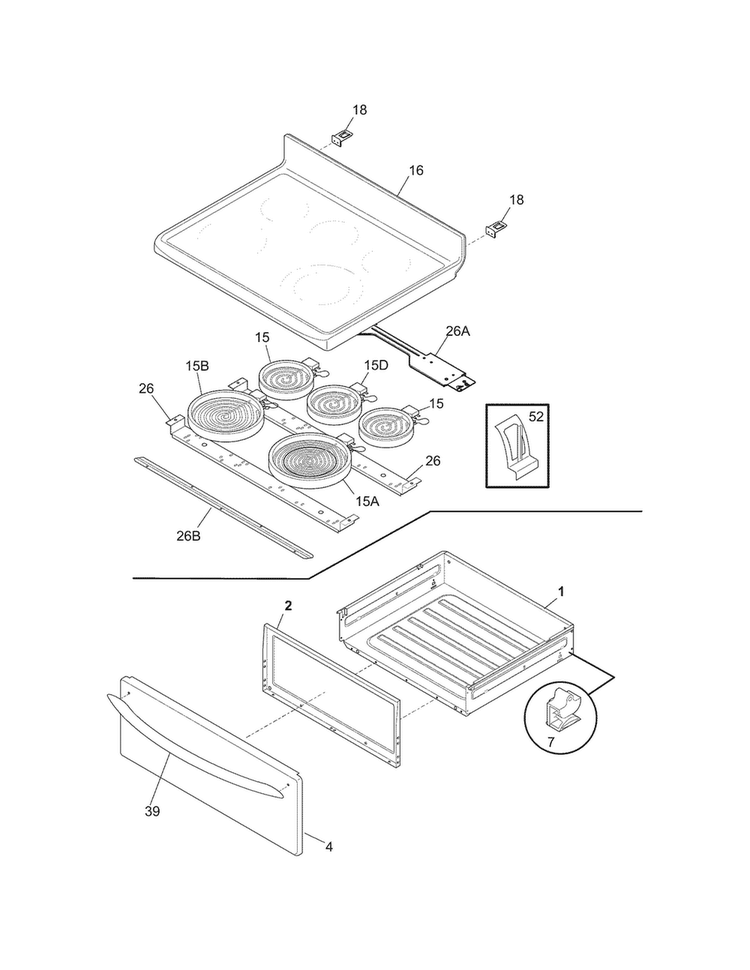 Top/drawer Diagram and Parts List for CRE3890LSK  Crosley Range