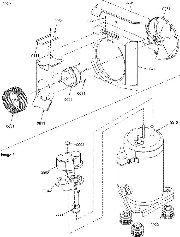 FAN MOTOR ASSEMBLY / COMPRESSOR ASSEMBLY Diagram and Parts List for 7M51TB P1214608R Amana Air Conditioner