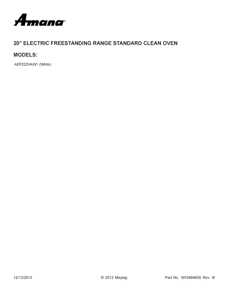 Cover Sheet Diagram and Parts List for AEP222VAW1  Amana Range