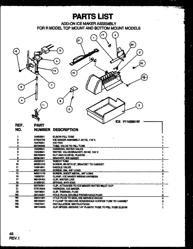 Add-on Ice Maker Assembly For R Model Top Mount And Bottom M Diagram and Parts List for TG18RBL-P1158302WL  Amana Refrigerator