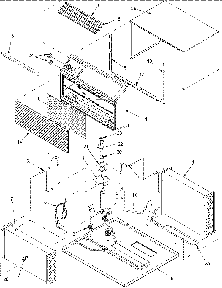 Outer Case and Tubing Diagram and Parts List for TE10085W2 PTE10085W2 Amana Air Conditioner