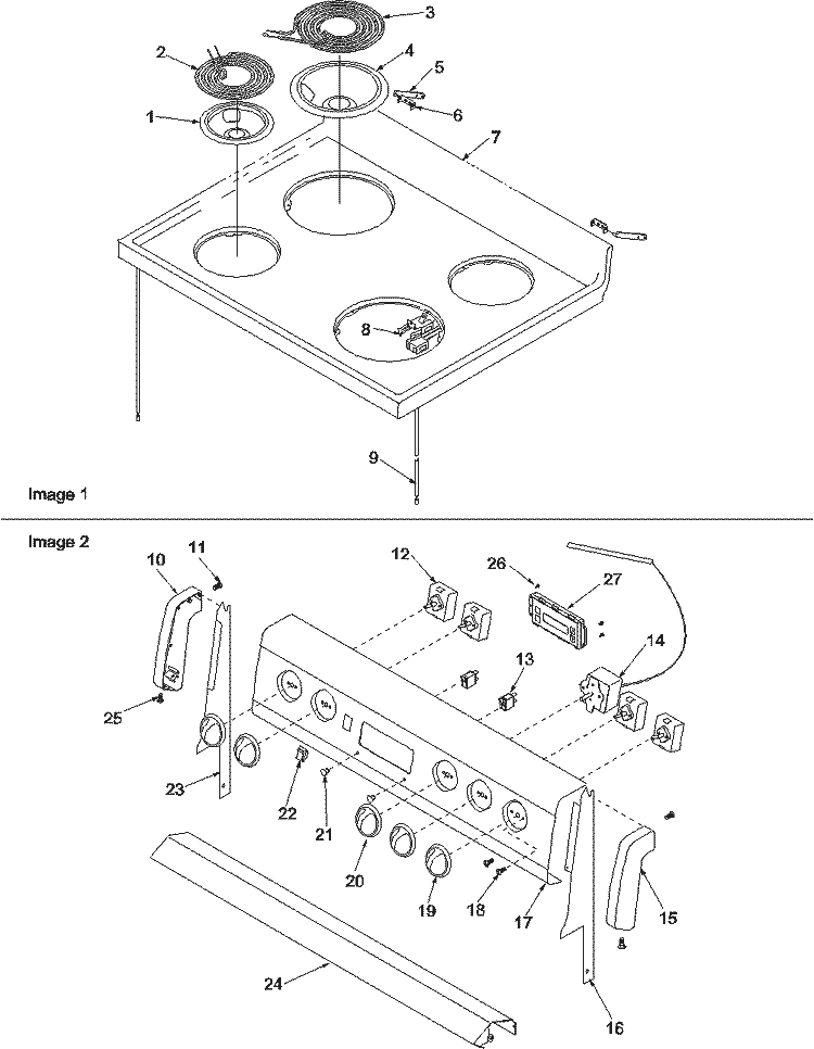 Main Top and Backguard Diagram and Parts List for ARR3601LL P1143650NLL Amana Range