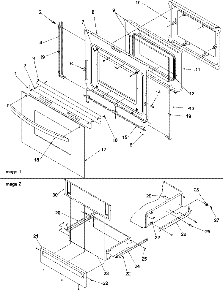 Oven Door and Storage Drawer Diagram and Parts List for ARTC8600WW P1143472NWW Amana Range