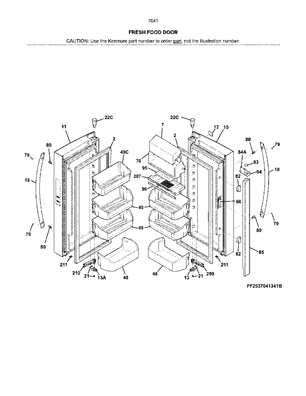 Fresh Food Doors Diagram and Parts List for 2537041341D  Kenmore Refrigerator