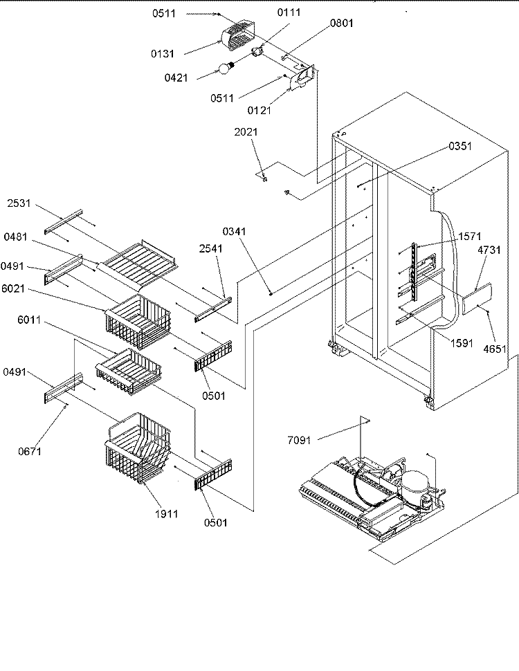 Freezer Shelves and Lights Diagram and Parts List for SRD20S4E P1190816W E Amana Refrigerator