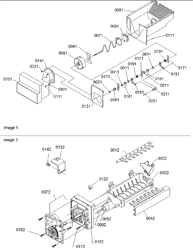 Ice Bucket Auger and Ice Maker Parts Diagram and Parts List for SRD20S4E P1190816W E Amana Refrigerator