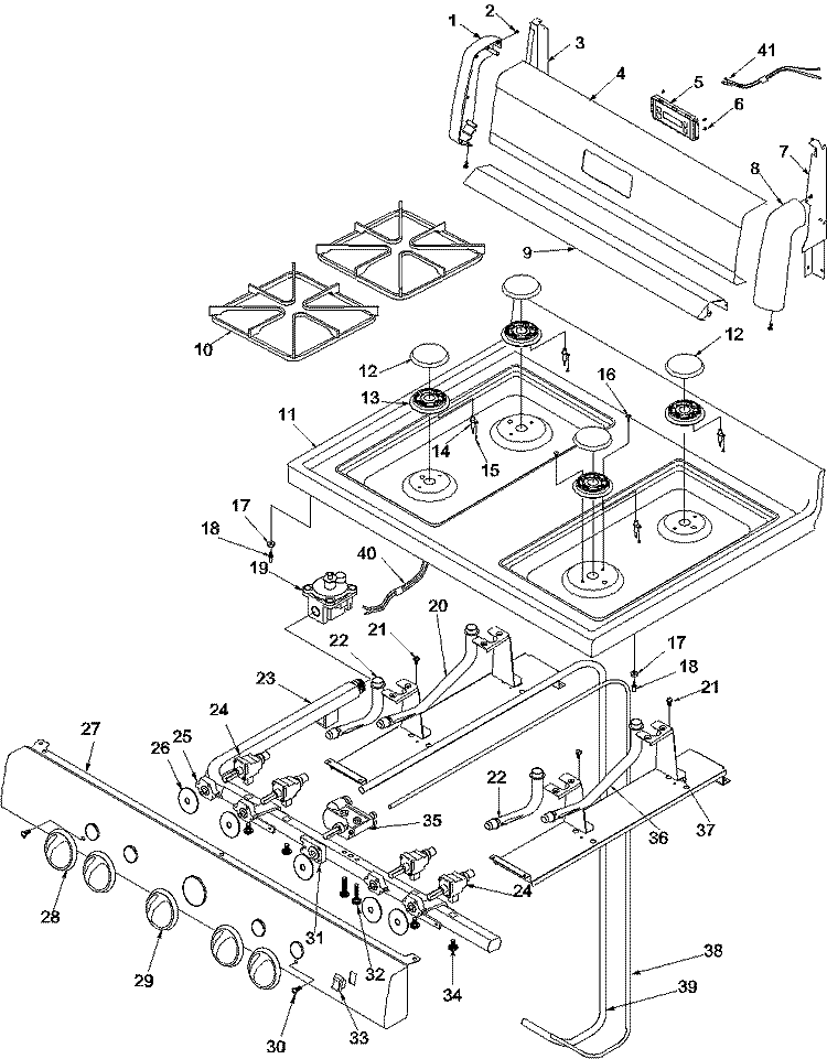 Maintop and Backguard Diagram and Parts List for ARG3601L P1143357N L Amana Range
