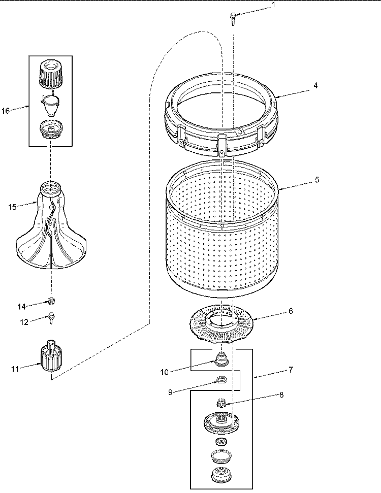 AGITATOR, DRIVE BELL, WASHTUB & HUB Diagram and Parts List for LWG65AW PLWG65AW Amana Washer