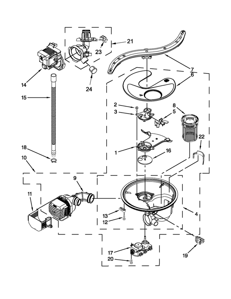Pump, Washarm And Motor Parts Diagram and Parts List for JDB3650AWR4  Jenn-Air Dishwasher