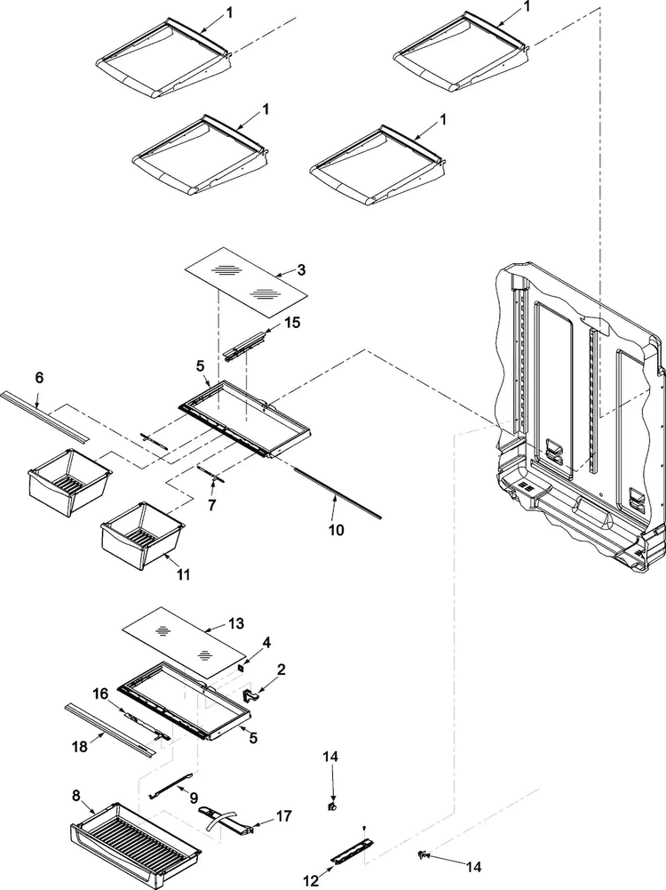 Refrigerator Shelving Diagram and Parts List for ABD2533DEB2  Amana Refrigerator