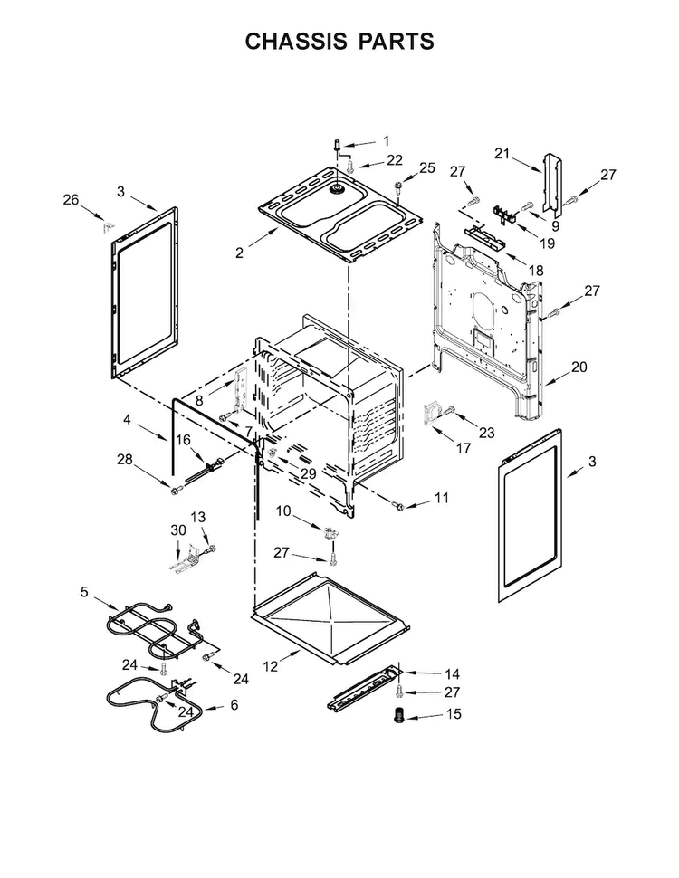 Chassis Parts Diagram and Parts List for ACR2303MFW1  Amana Range