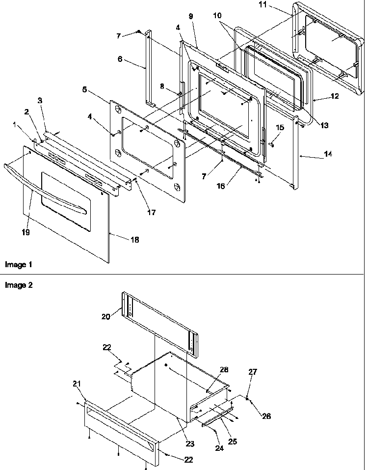 Oven Door And Storage Drawer Diagram and Parts List for ARRS6550E-P1130691NE  Amana Range
