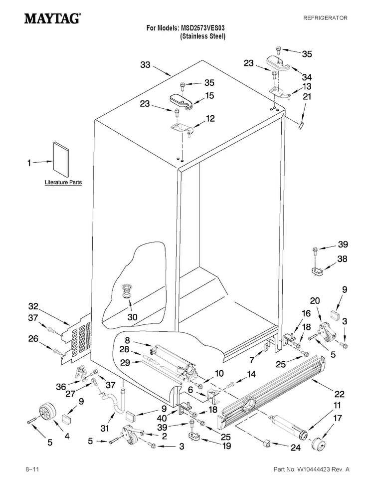 Cabinet Parts Diagram and Parts List for MSD2573VES03  Maytag Refrigerator