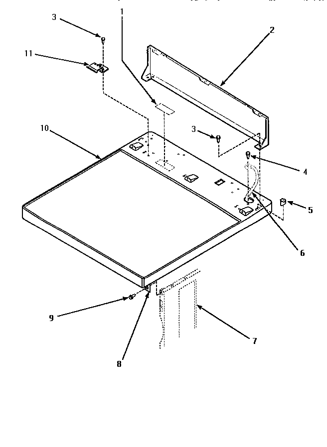 Cabinet Top & Control Hood Rear Panel Diagram and Parts List for LE1007W-P1177601WW  Amana Dryer