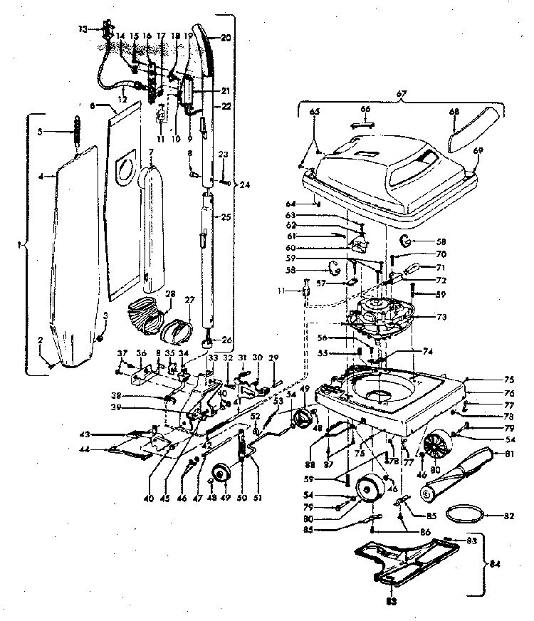 Main Assembly Diagram and Parts List for U4521  Hoover Upright Vacuum