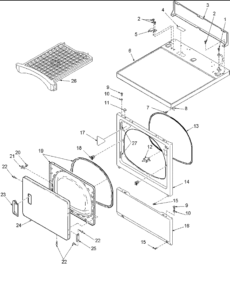 DOOR AND FRONT, ACCESS, AND TOP PANELS Diagram and Parts List for LGD32AW PLGD32AW Amana Dryer