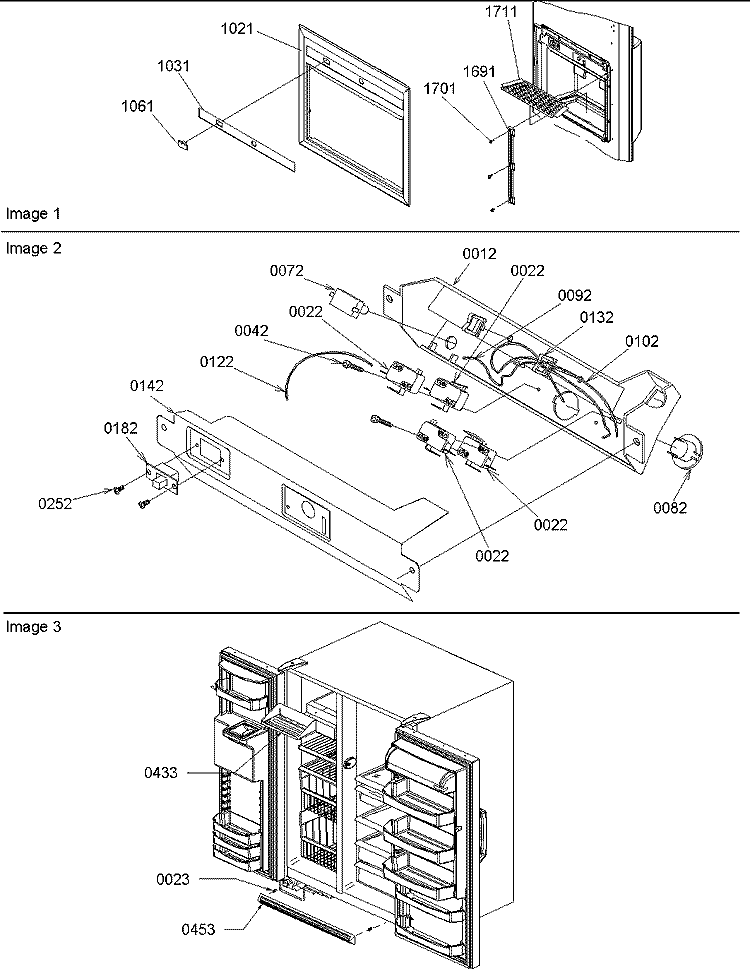 Facade Dispenser Cover, Elect Brkt Assy Diagram and Parts List for SGD26VL P1315208W L Amana Refrigerator