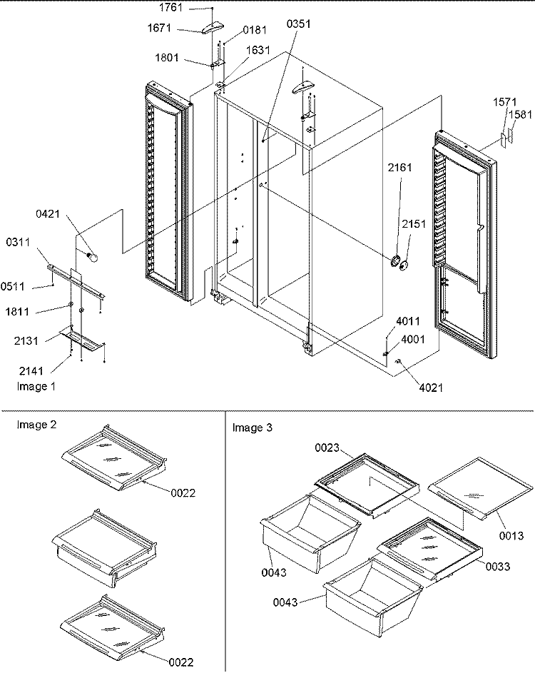Lights, Hinges, Shelving Diagram and Parts List for SX23VL P1315401W L Amana Refrigerator