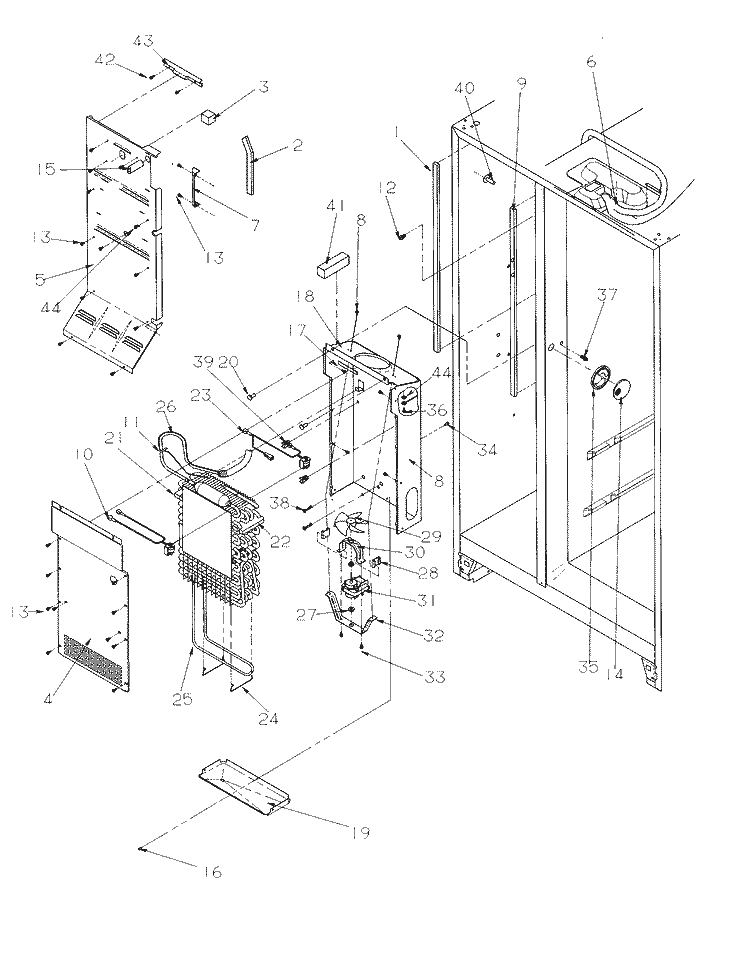Evaporator and Air Handling Diagram and Parts List for SRD526SL P1184801W L Amana Refrigerator