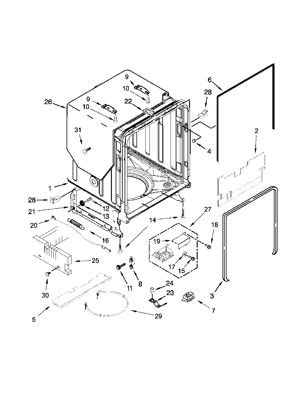 Tub And Frame Parts Diagram and Parts List for 66514762N510  Kenmore Dishwasher