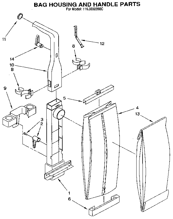 Bag Housing And Handle Diagram and Parts List for 1163032390C  Kenmore Upright Vacuum
