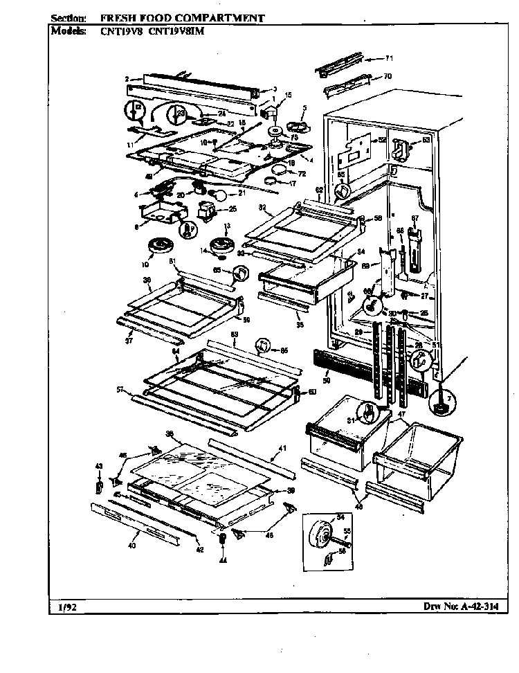 Fresh Food Compartment Diagram and Parts List for CNT19V8H BC54A Crosley Refrigerator
