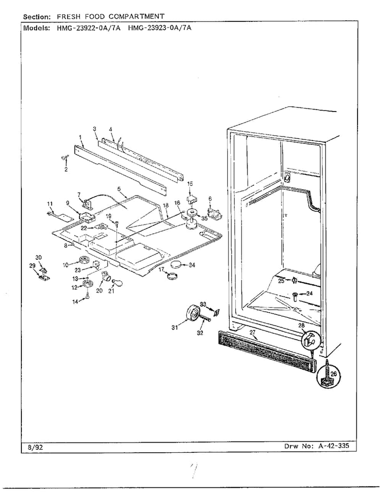 Fresh Food Compartment Diagram and Parts List for 23922-0A  Admiral Refrigerator
