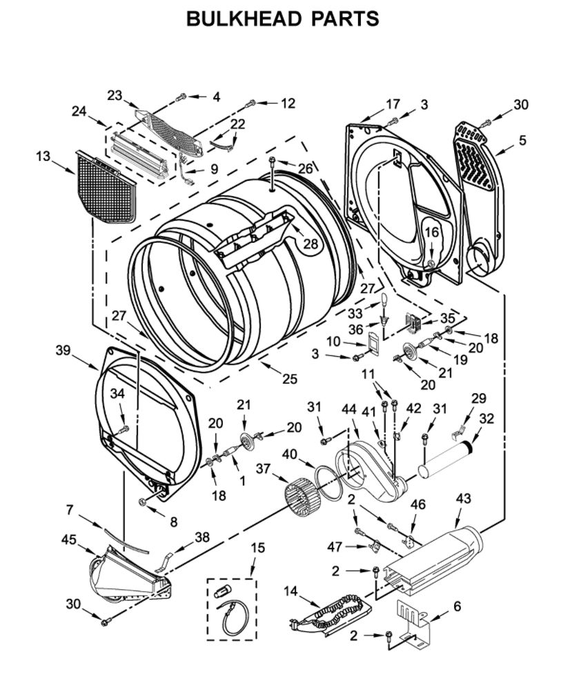 Bulkhead Parts Diagram and Parts List for MEDP576KW1  Maytag Dryer