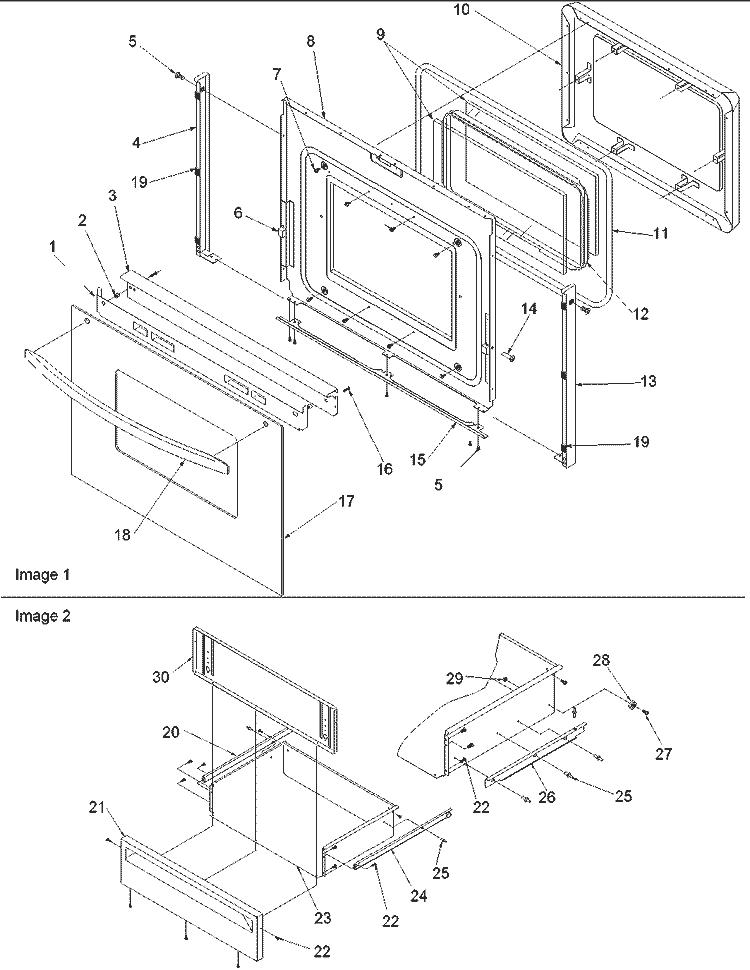 Oven Door and Storage Drawer Diagram and Parts List for ZRT6510WW P1143825NWW Amana Range