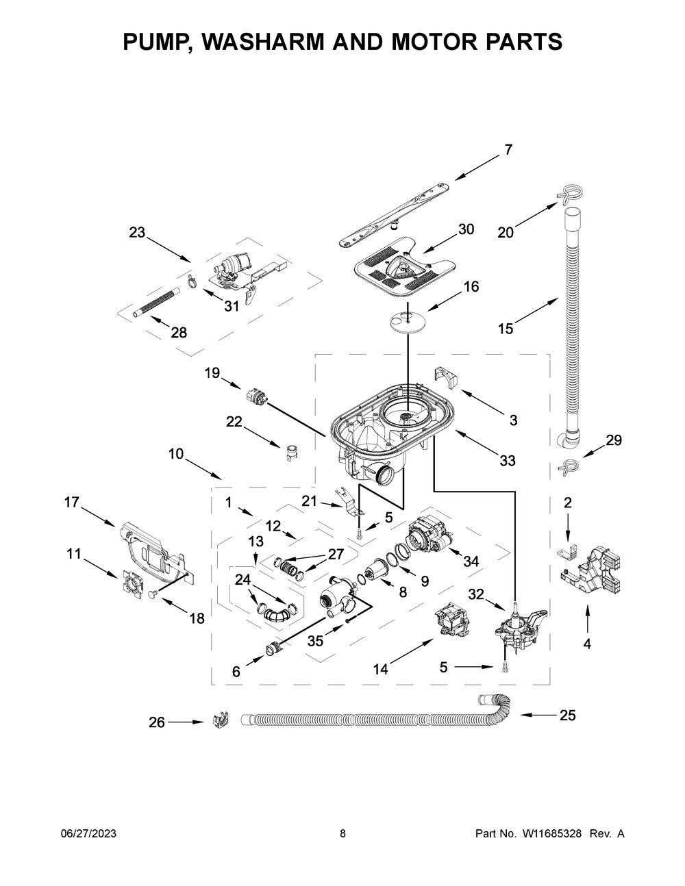 Pump, Washarm And Motor Parts Diagram and Parts List for MDB9959SKZ2  Maytag Dishwasher