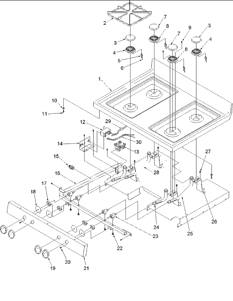 Main Top Diagram and Parts List for ARG7302WW P1143337NWW Amana Range