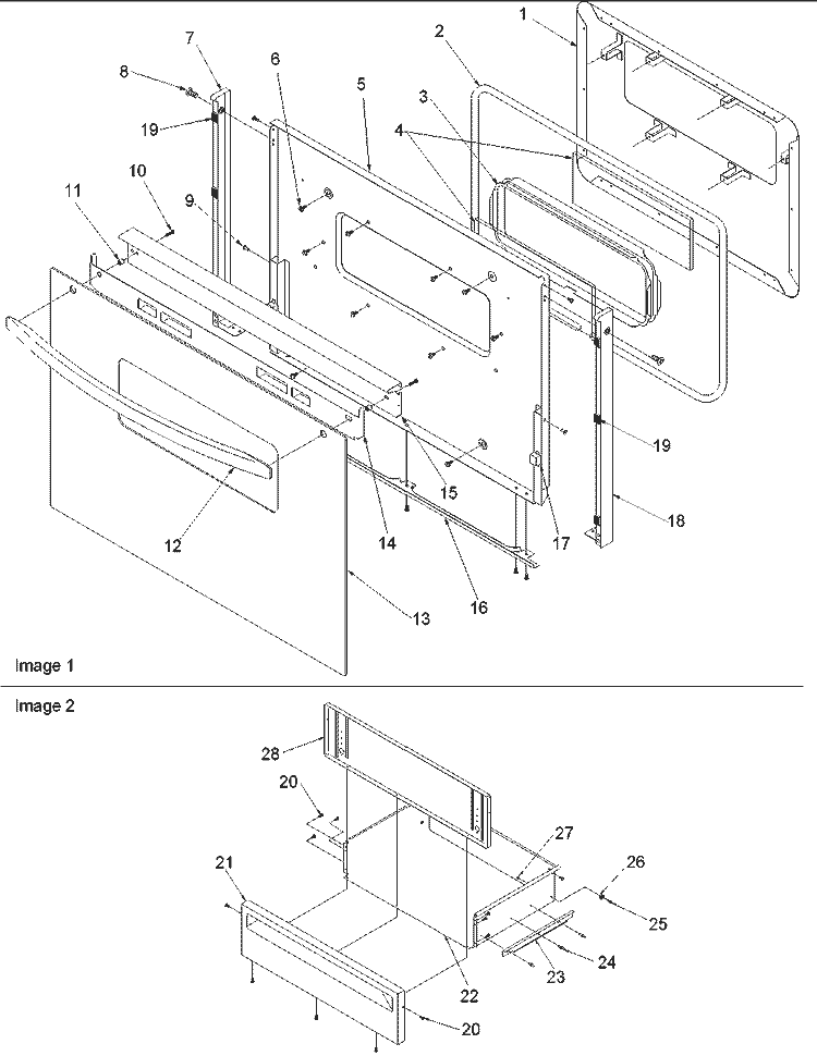 Oven Door and Storage Door Diagram and Parts List for ARG7302WW P1143337NWW Amana Range