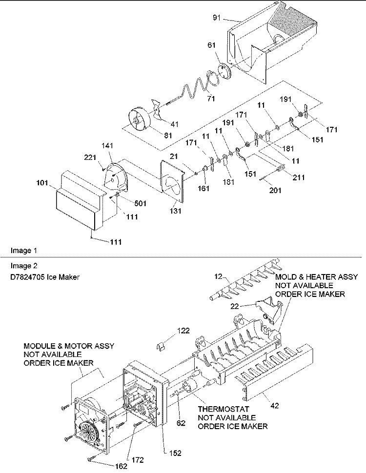 Ice Bucket Auger & Ice Maker Parts Diagram and Parts List for ARS9168AB PARS9168AB0 Amana Refrigerator