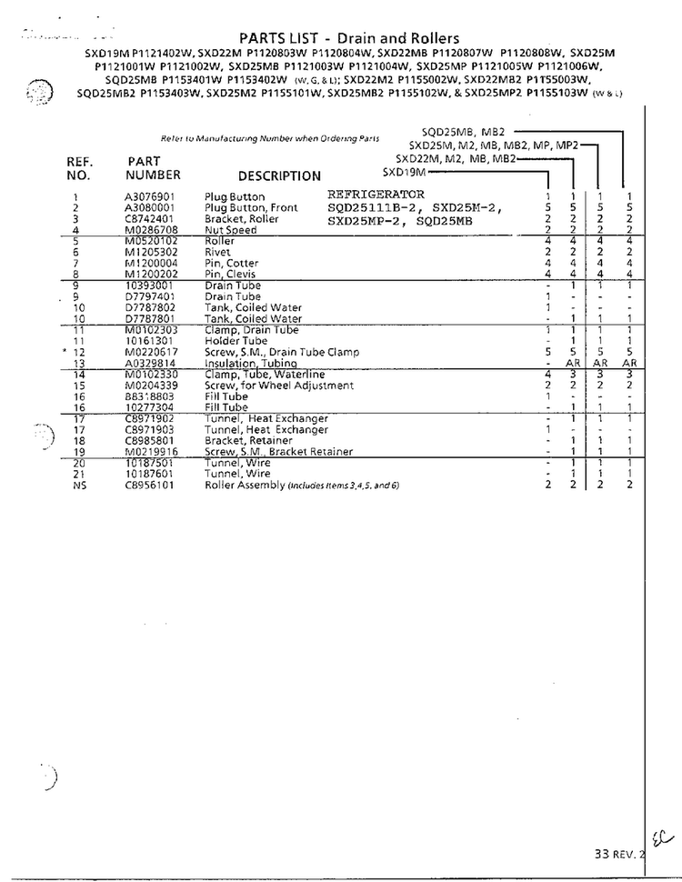 Refrigerator/drain And Rollers Page 2 Diagram and Parts List for SXD25MP-2  Amana Refrigerator