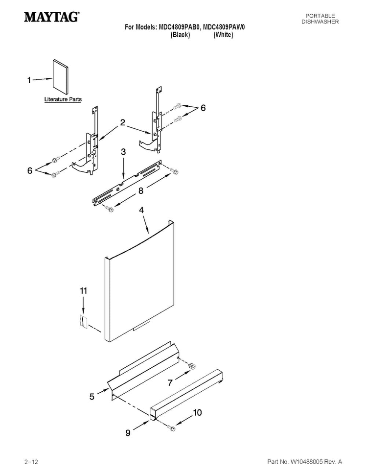 Door And Panel Parts Diagram and Parts List for MDC4809PAW0  Maytag Dishwasher