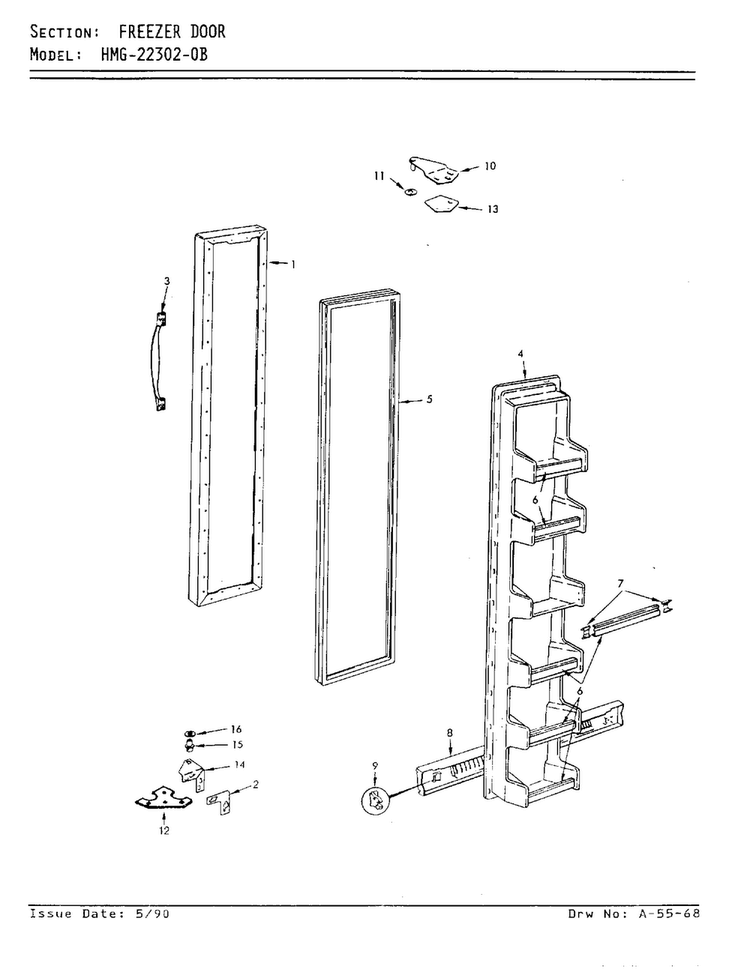 Freezer Door Diagram and Parts List for 22302A  Admiral Refrigerator