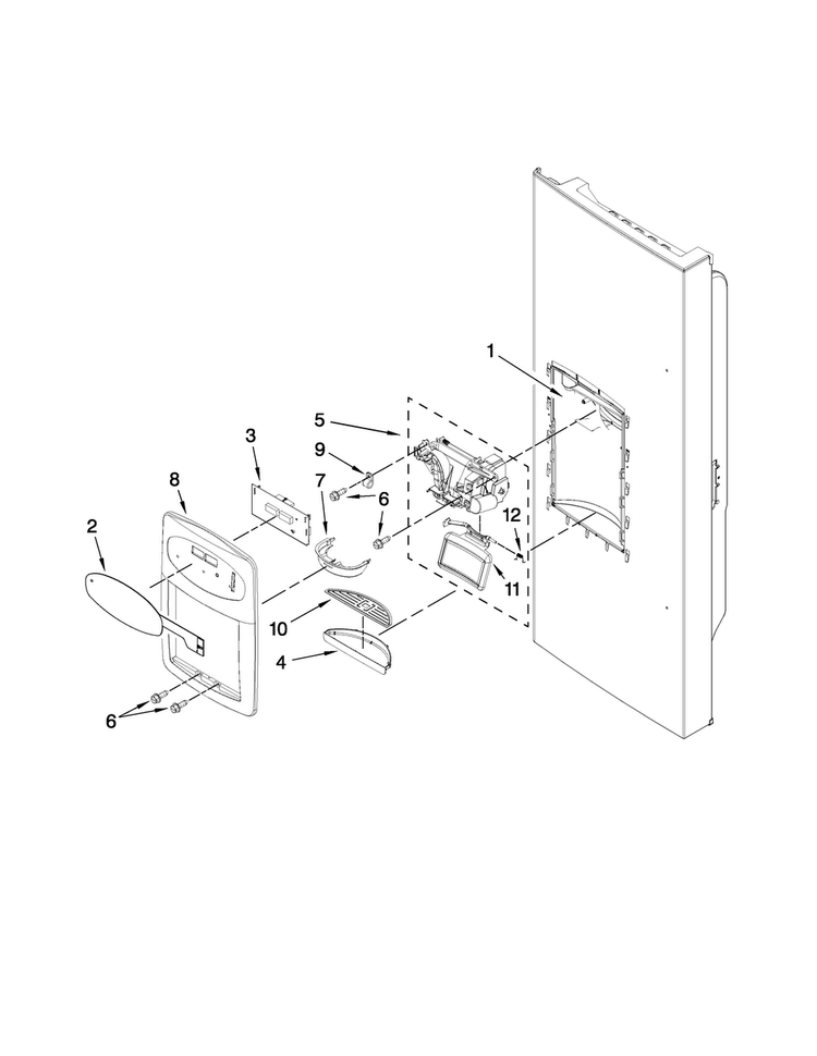 Dispenser Front Parts Diagram and Parts List for MFI2269VEQ2  Maytag Refrigerator