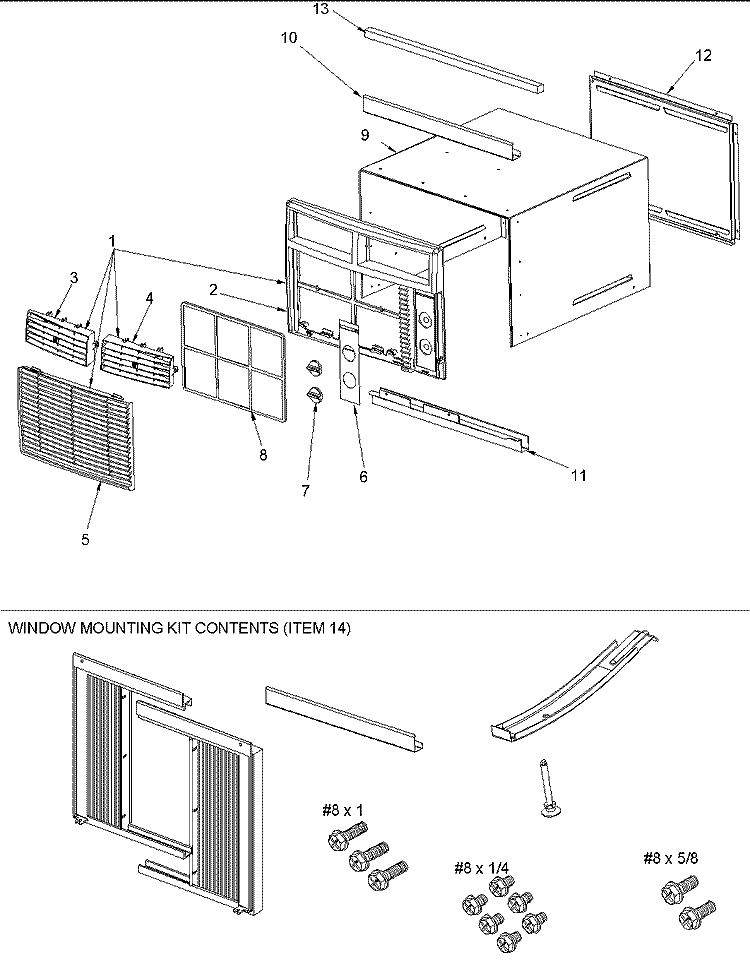 Outercase, Curtains and Front Assy Diagram and Parts List for RCF10090A5ER  Amana Air Conditioner