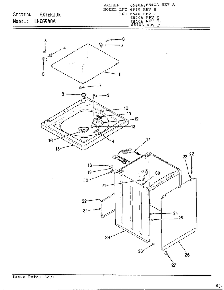 Exterior Diagram and Parts List for 6540A REV D Norge Washer