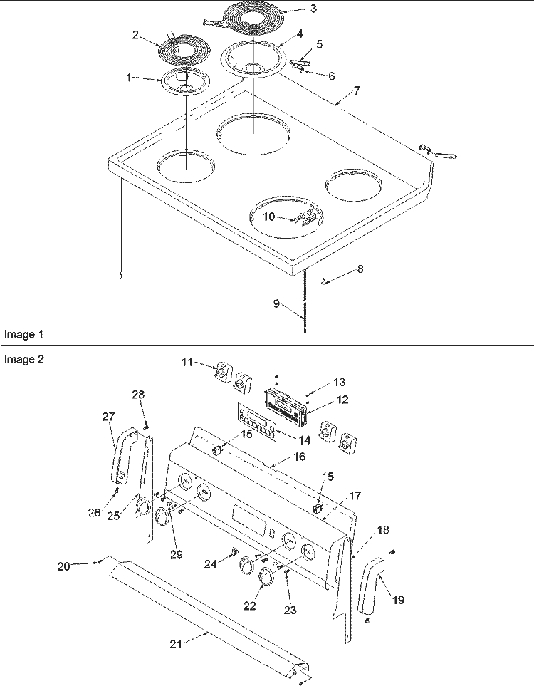Main Top and Backguard Diagram and Parts List for ZRR6400CC P1143847NCC Amana Range