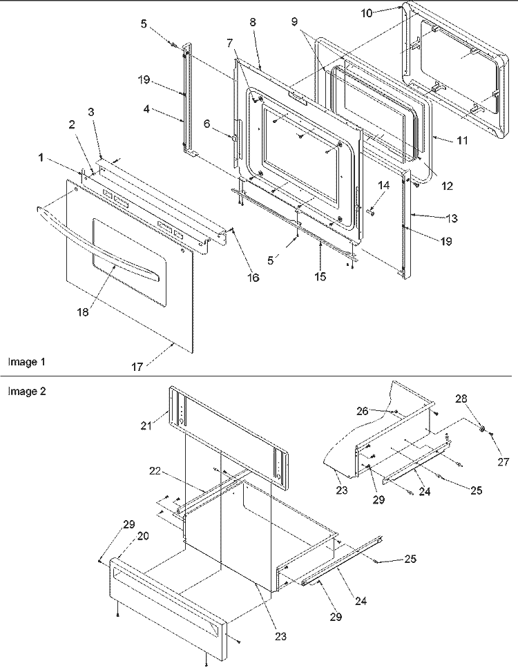 Oven Door and Storage Drawer Diagram and Parts List for ZRR6400CC P1143847NCC Amana Range